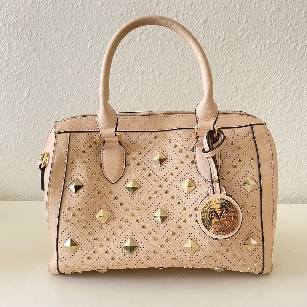 Vegan Leather Handbag Purse Peach Pink Beige Gold Stud Hardware Zipper Lined